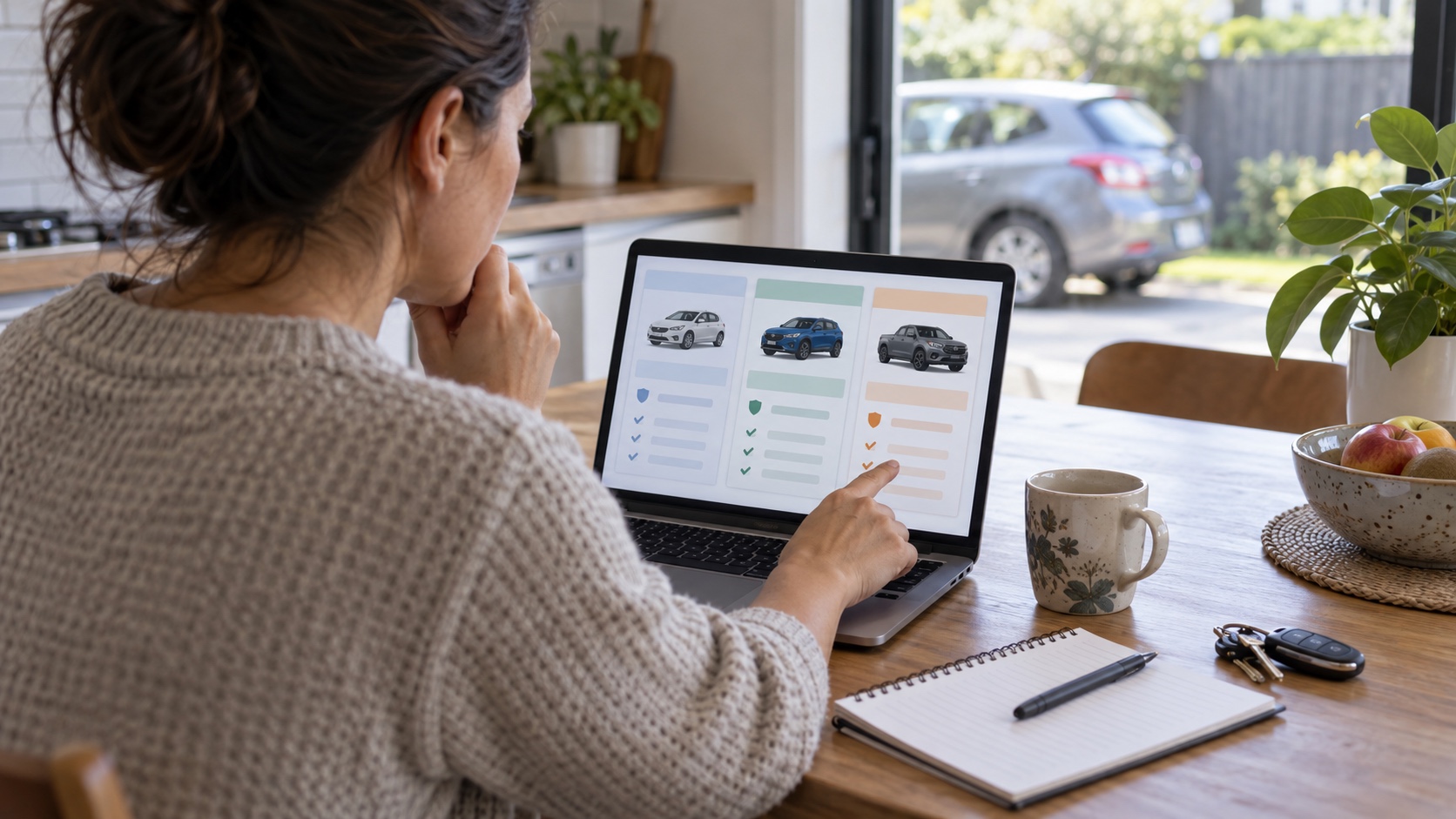 Car owner comparing three insurance options on a laptop while a used hatchback sits outside.
