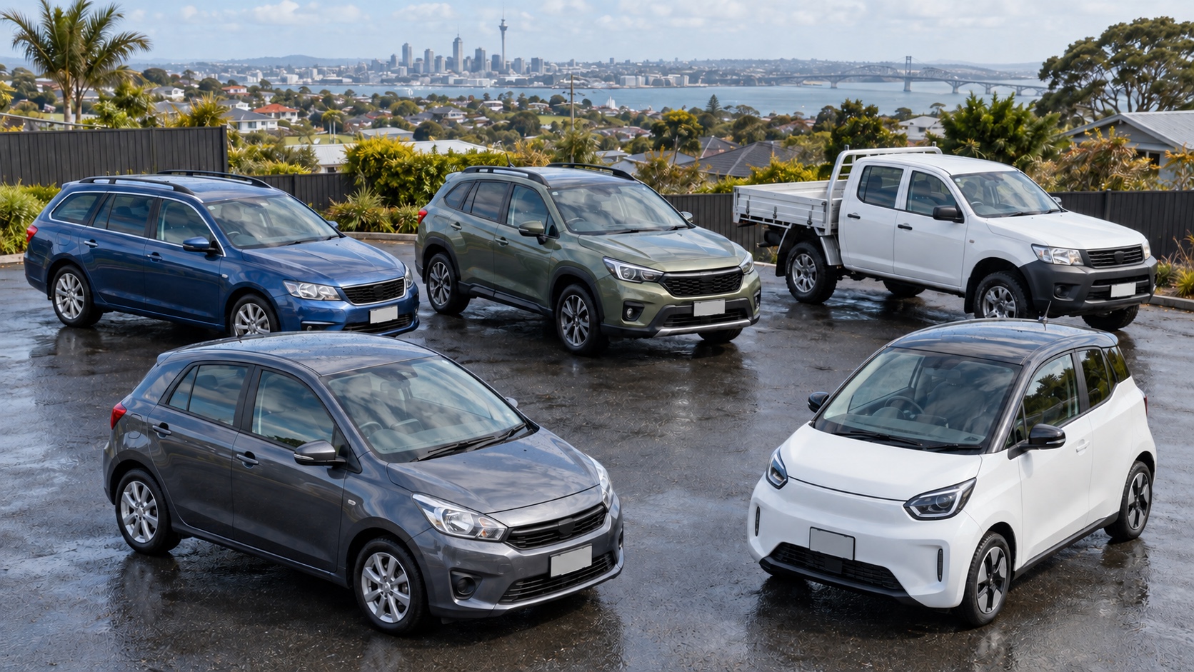 Five different unbranded used vehicle body styles displayed above suburban Auckland after rain.