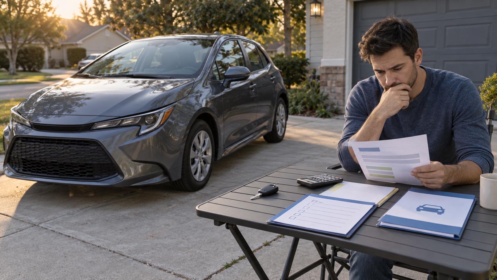 Buyer comparing a calculator and ownership papers beside an unbranded compact car in a driveway.