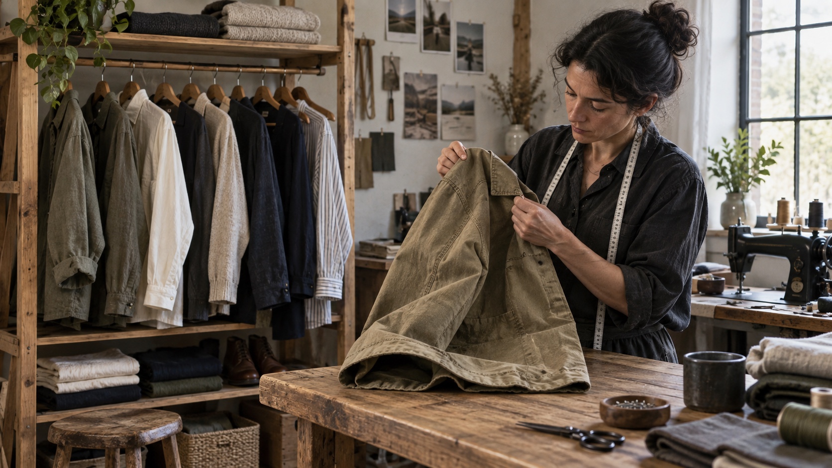 Tailor inspecting the seam of a neutral jacket beside a compact wardrobe of durable basics.