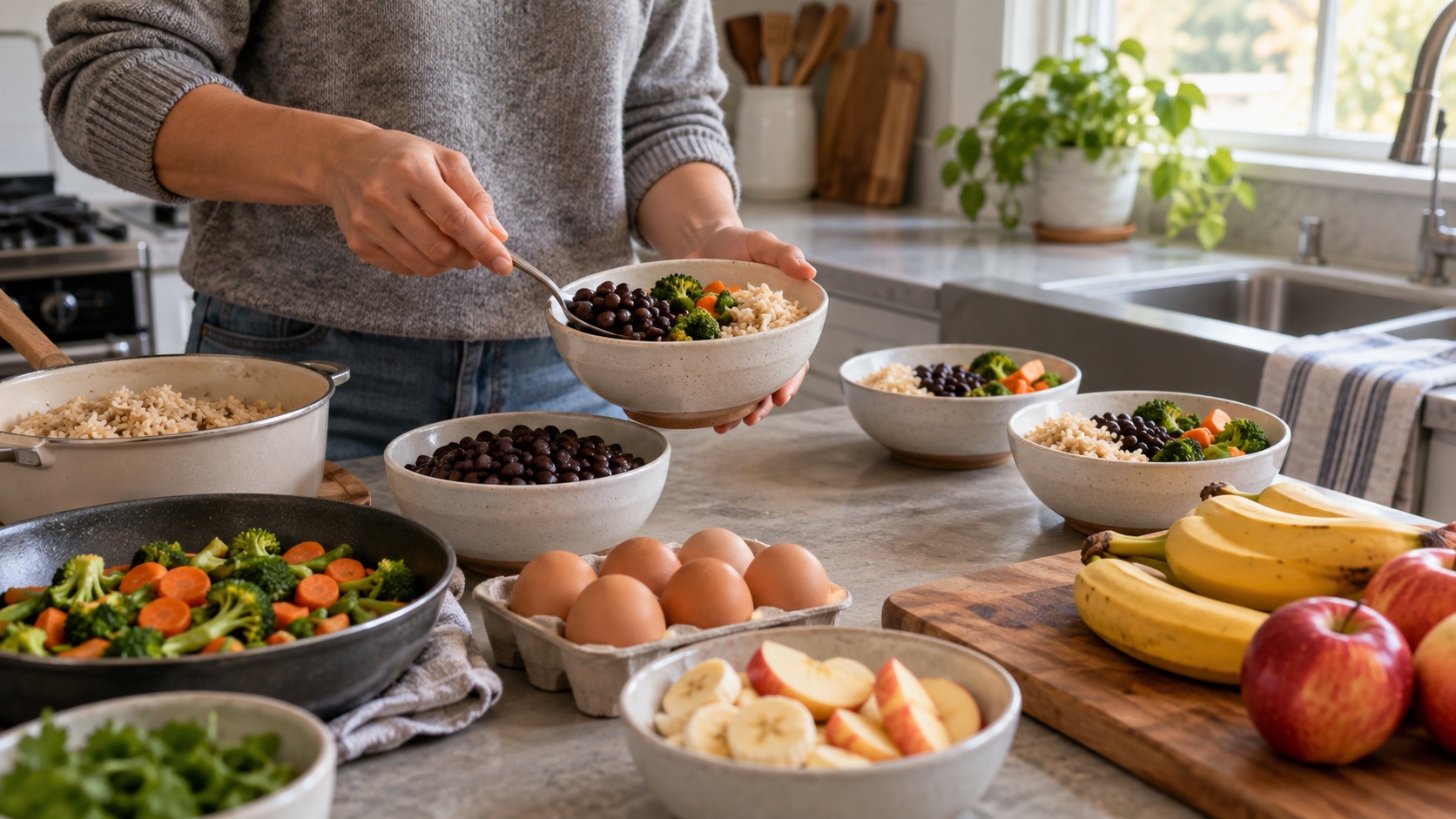 Hands portioning beans, brown rice, vegetables, eggs, and fruit in a bright home kitchen.