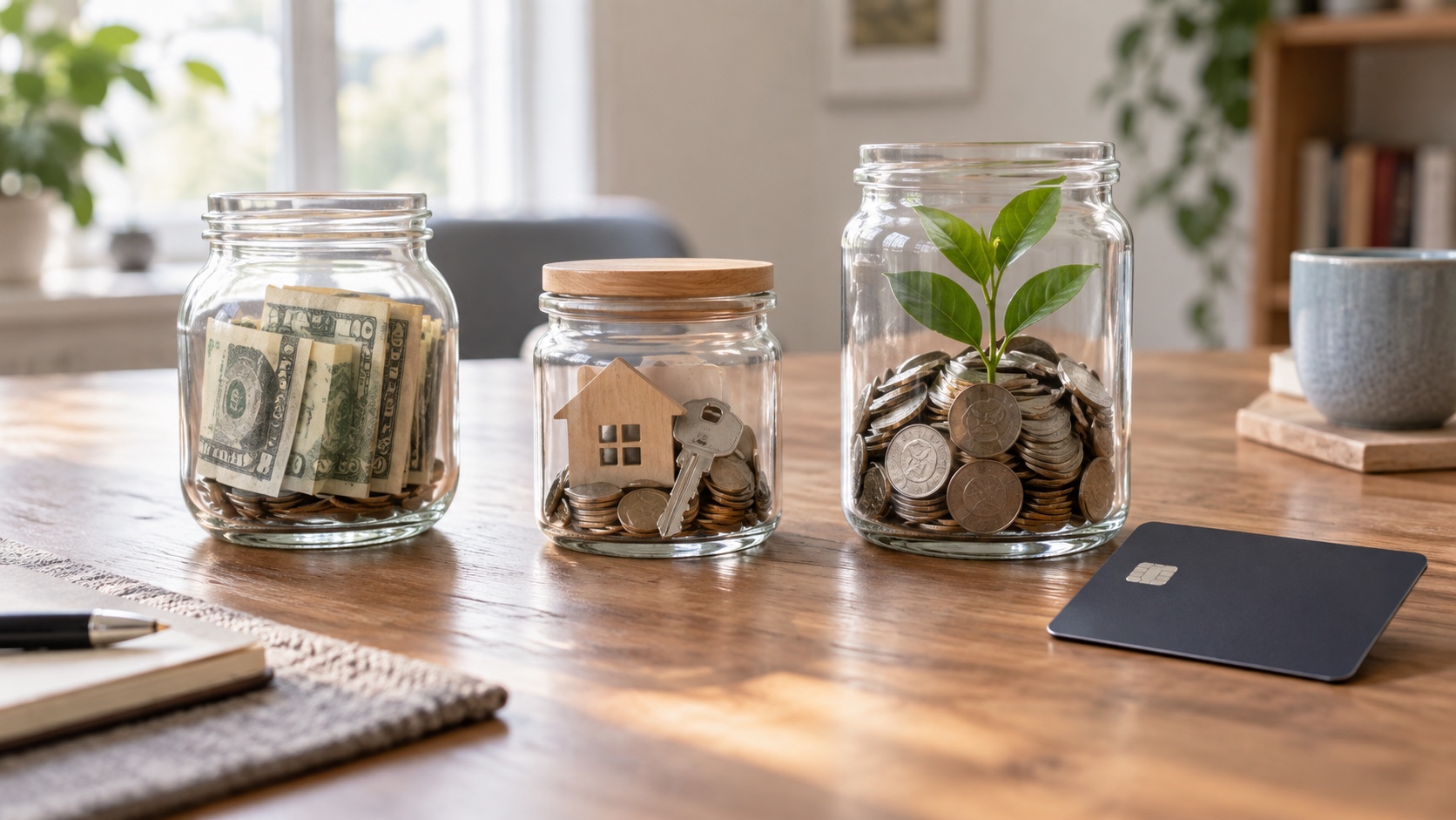 Three glass jars representing emergency, near-term, and long-term money beside a plain bank card.