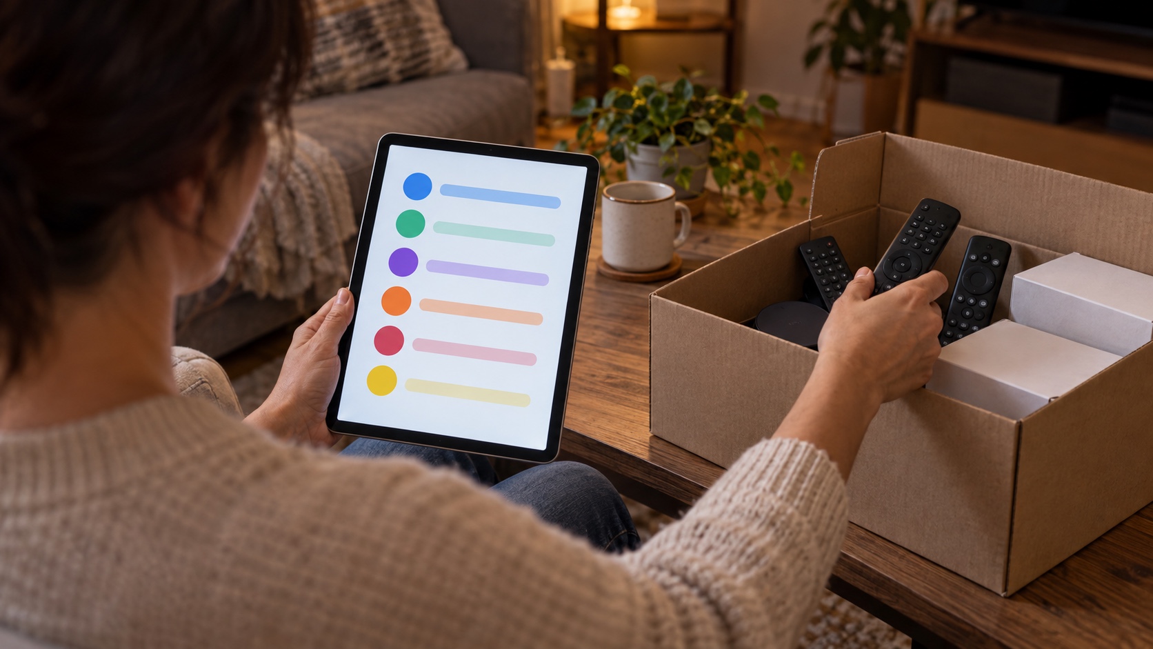 Person reviewing abstract recurring-charge rows while sorting unused remotes into a plain box.